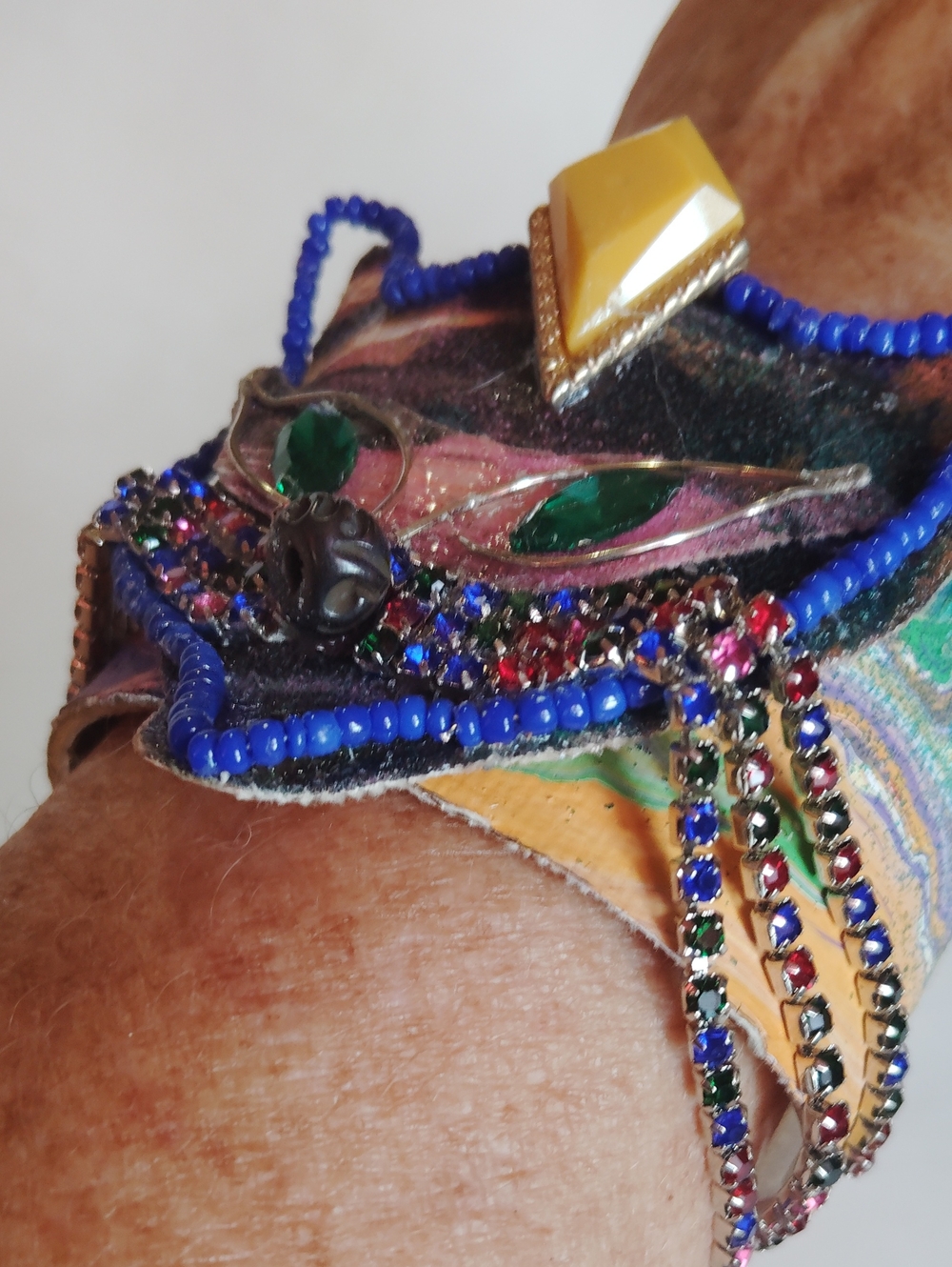 Handmade Mardi Gras Cat Face Mask Statement Bracelet Wrist Cuff Colorful - Picture 2 of 8